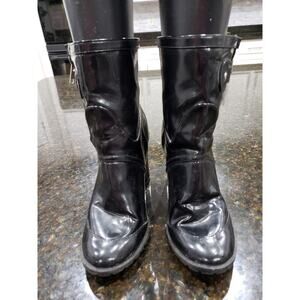 Izabella Rue Ankle Boots Womens Size 8 Black Patent Leather Block Heel Side Zip